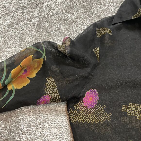 Chadwicks Blouse Button Up Top womens Medium Black Purple Sheer Tropical Floral - Picture 7 of 11